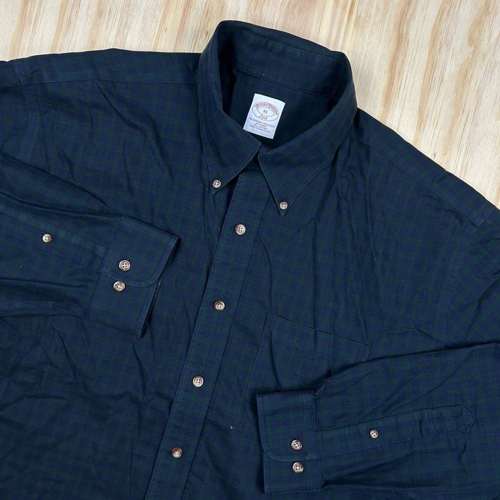 Brooks Brothers Shirt Mens XL Blue‎ Green Dark Plaid Gingham Long Sleeve Button